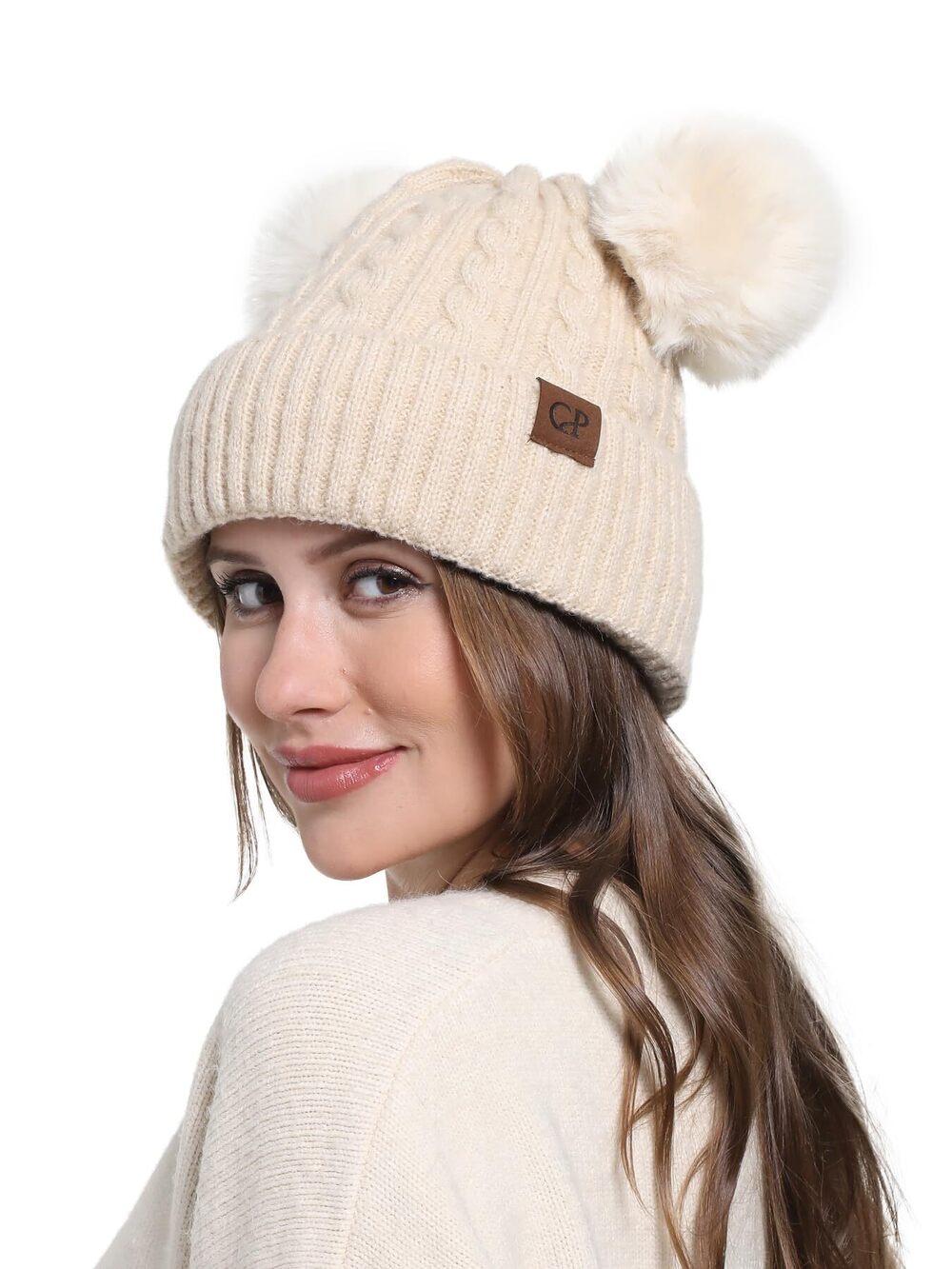 8479 with Double Pom Pom Winter Knitted Beanie Hat Winter Knitted Beanie